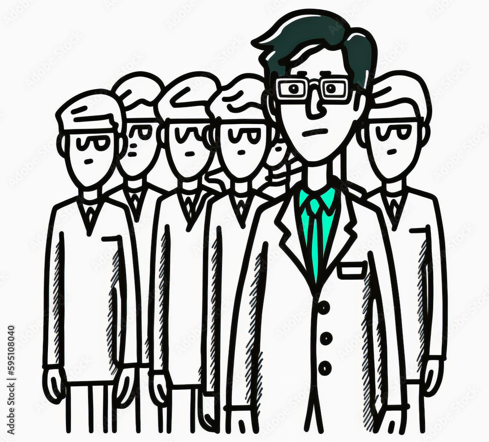 Person in smock and goggles at work, professional illustration, white and blue, black line drawing. Flat design style, precision and attention to details. Generative AI Person in smock and goggles at work, professional illustration, white and blue, black line drawing. Flat design style, precision and attention to details. Generative AI