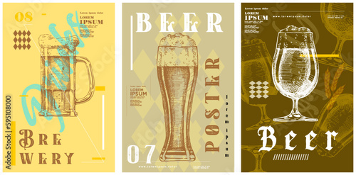 Party poster design. Drinks, Cocktails, Beer. Set of vector illustrations. Typography. Vintage pencil sketch. Engraving style. Labels, cover, t-shirt print, painting.