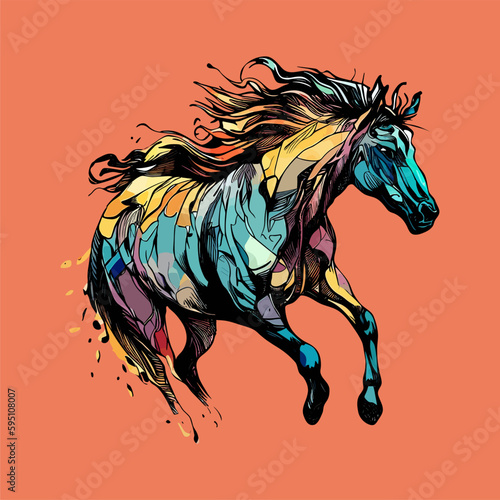 Colored vector  inked style horse wall art photo