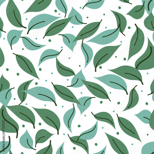 Seamless pattern with doodle green leaves and dots. Floral print with hand drawn foliage. Natural background. Vector illustration for wrapping, fabric, textile, packaging