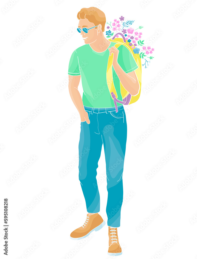 man with sunglasses and backpack with flowers
