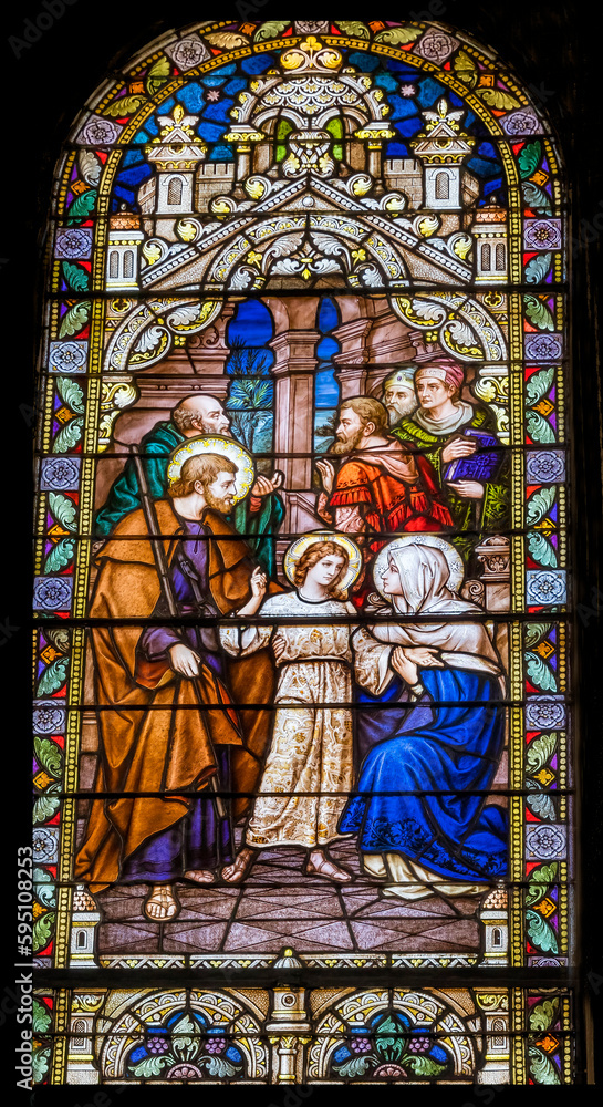 Joseph and Mary finding young Jesus stained glass, Phoenix, Arizona. Stained glass from 1915