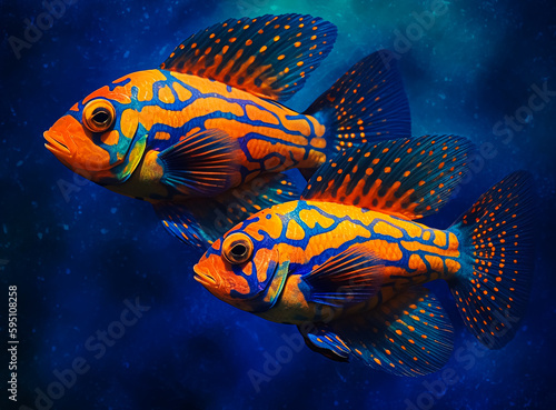 A pair of fish with yellow spots and blue spots. Generative AI