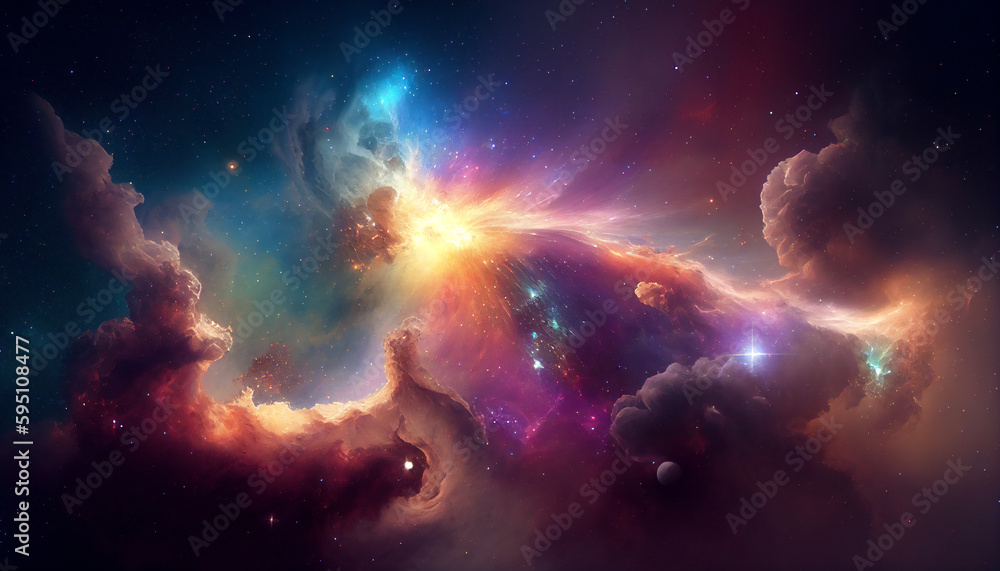 Supernova nebular explosion background showing the universe full of celestial stars in the night sky during a cosmic event in a galaxy making a dust cloud, computer Generative AI stock illustration