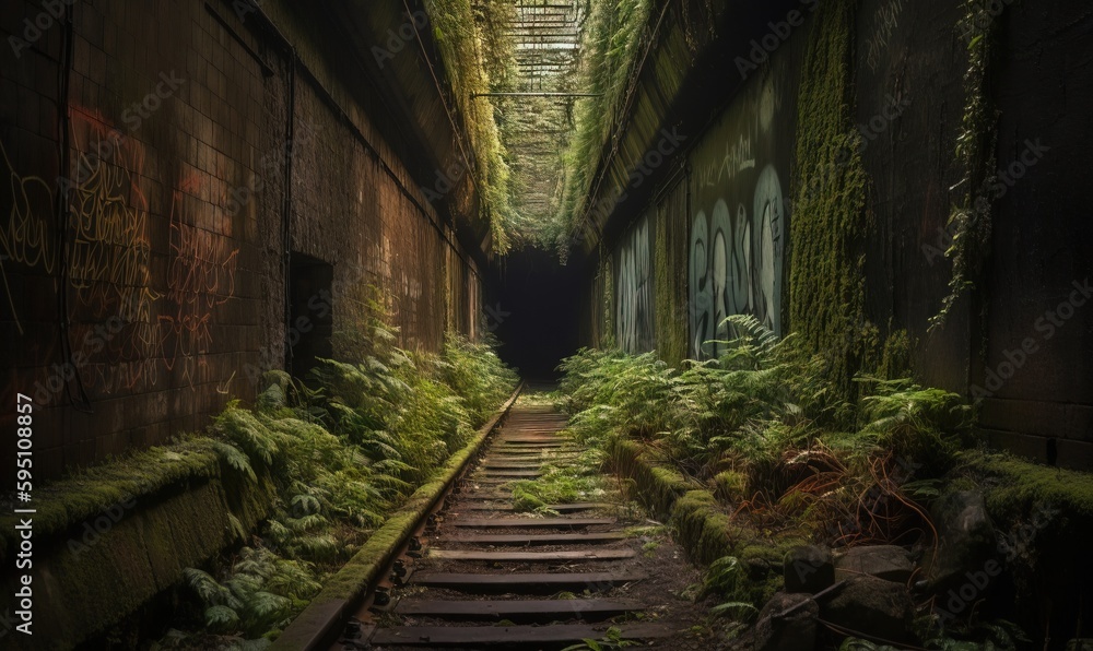  a narrow alley with moss growing on the walls and stairs.  generative ai