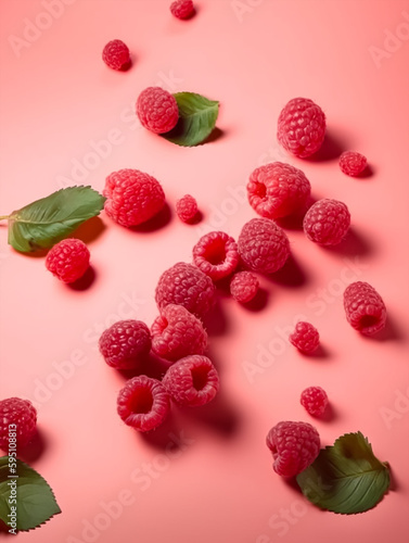 Raspberries on a pink background. Generative AI
