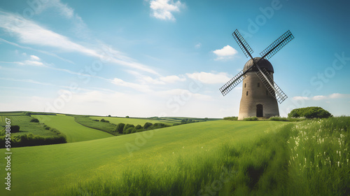 Timeless image of a classic windmill  set against a backdrop of vivid green fields and a clear blue sky  evoking a sense of nostalgia and simplicity