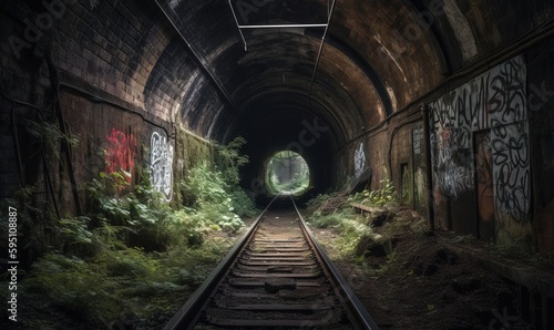  a train track going through a tunnel with graffiti on it. generative ai
