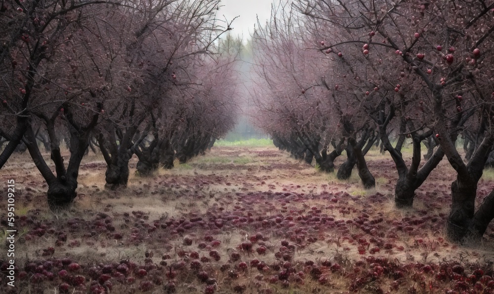  a field with lots of trees and red flowers on it.  generative ai