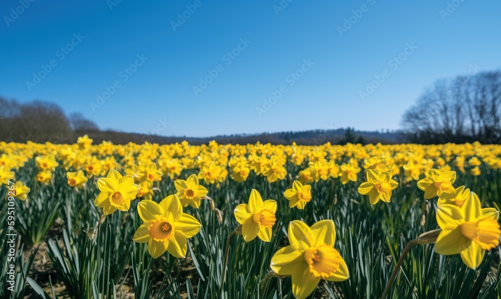  a field full of yellow flowers with a blue sky in the background.  generative ai