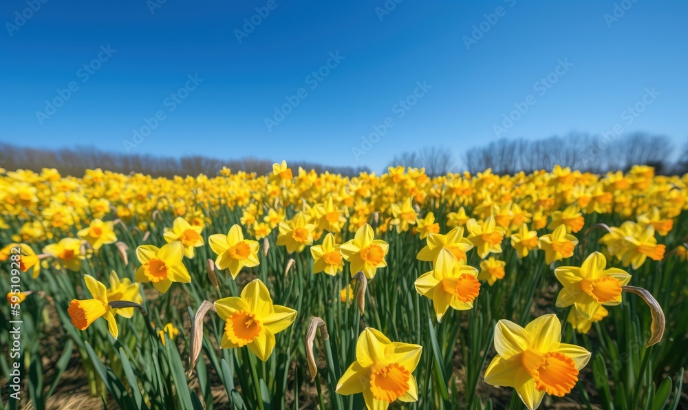 a field full of yellow flowers with a blue sky in the background. generative ai a field full of yellow flowers with a blue sky in the background. generative ai