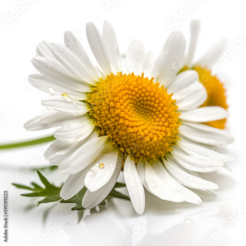 A white daisy with a yellow center and water droplets on it. Generative AI
