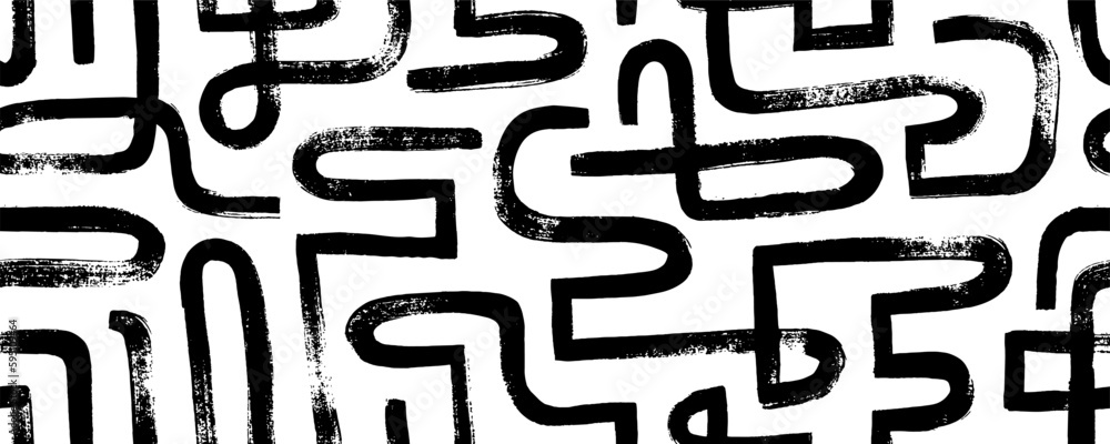 Hand drawn maze seamless pattern. Weaved curved lines. Chaotic ink brush scribbles decorative texture. Messy doodles, wavy and curly lines, labyrinth motif. Abstract geometric decorative background.