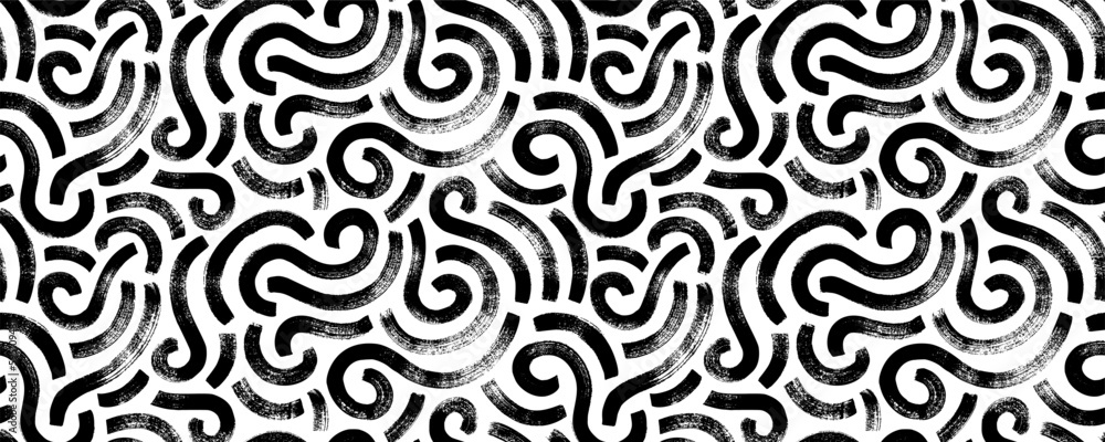 Wavy and swirled brush strokes seamless pattern. Thick and bold texture curved lines. Abstract art background in Memphis style. Geometric grunge pattern with swashes. Brush drawn swirled lines. - obrazy, fototapety, plakaty 