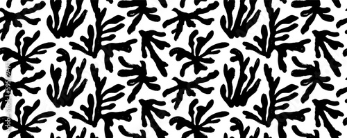Seamless sea pattern with corals. Matisse inspired contemporary wallpaper. Organic botanical shapes in paper cut style. Brush drawn Matisse abstract art. Seamless banner with black paint branches.