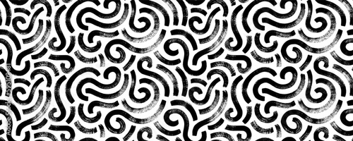 Wavy and swirled brush strokes seamless pattern. Thick and bold texture curved lines. Abstract art background in Memphis style. Geometric grunge pattern with swashes. Brush drawn swirled lines.