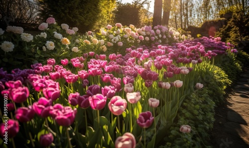  a field of pink and white tulips and other flowers.  generative ai