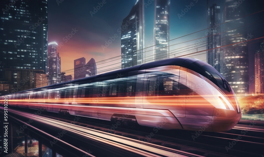 Obraz premium a high speed train traveling through a city at night time. generative ai