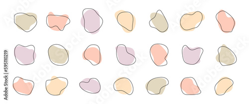 Set of irregular round blot form graphic element. Organic abstract fluid shapes isolated on black background.	