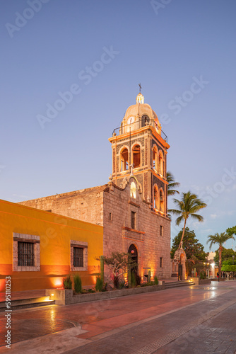 Loreto, Baja California Sur, Mexico. Bell tower on the Loreto Mission church at sunset.