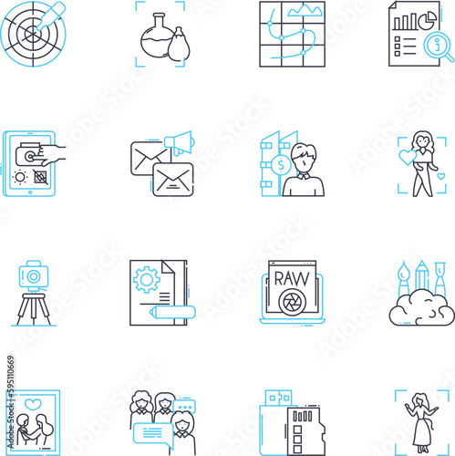 Augmented reality and virtual reality linear icons set. Immersion, Simulation, Interaction, Spatialization, Digitization, Realism, Perception line vector and concept signs. Sensory,Inception