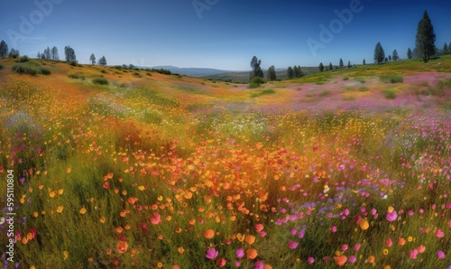 a field full of flowers and trees with a blue sky in the background. generative ai