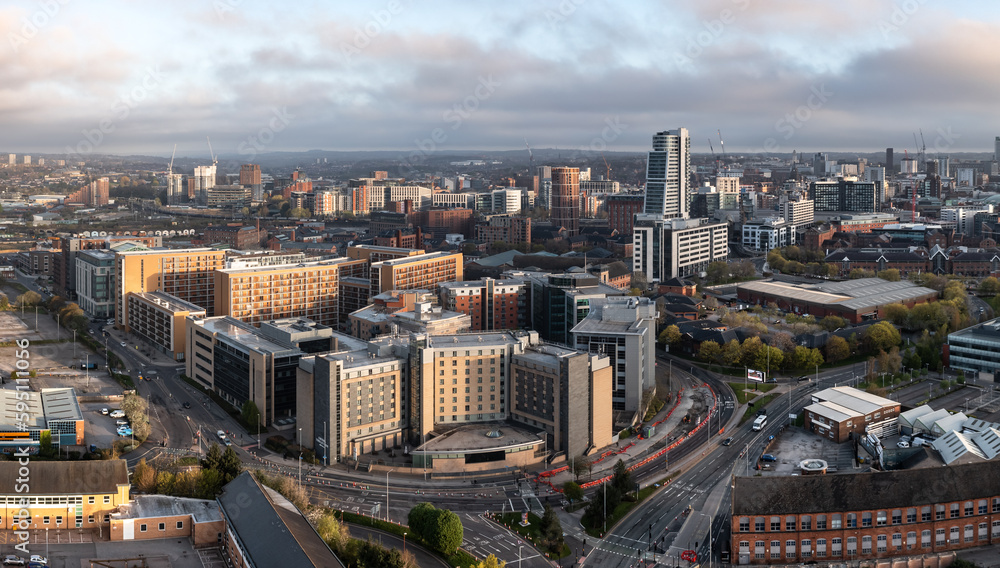 Aerial panorama of Holbeck in a Leeds cityscape skyline with an early morning sunrise