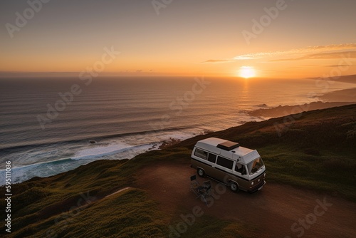 Photograph of a camper van on a cliff overlooking the ocean. Generative ai