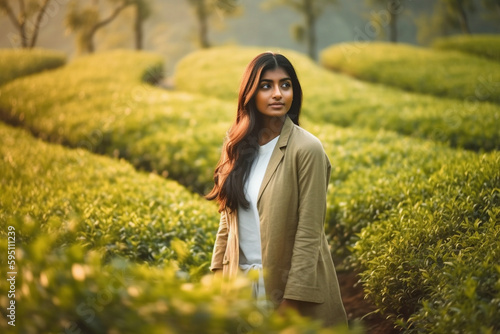 Young and beautiful woman standing in tea plantation. Gorgeous brunette indian girl in stylish beige jacket walking between tea plants. Generative AI