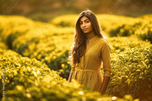Young and beautiful woman standing in tea plantation. Gorgeous brunette indian girl in stylish yellow dress walking between tea plants. Generative AI