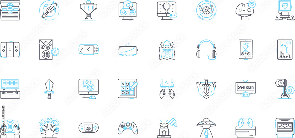 Amusement linear icons set. Thrill, Fun, Happiness, Adventure, Excitement, Laughter, Enjoyment line vector and concept signs. Entertainment,Joy,Playfulness outline illustrations