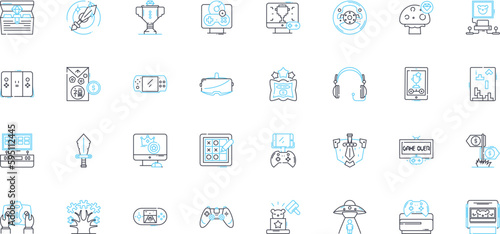 Amusement linear icons set. Thrill, Fun, Happiness, Adventure, Excitement, Laughter, Enjoyment line vector and concept signs. Entertainment,Joy,Playfulness outline illustrations
