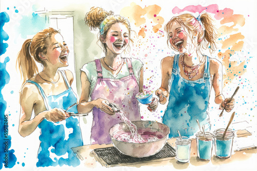 A group of young women in bikinis and aprons laugh in a colorful kitchen. Their individuality is promoted, freed from social conventions. Generative AI