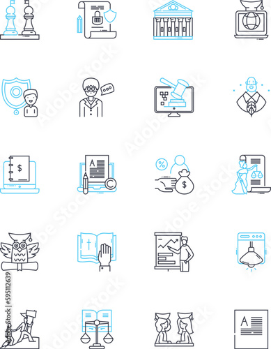 Judical powers linear icons set. Justice, Court, Jury, Verdict, Judgement, Injunction, Appeal line vector and concept signs. Litigation,Prosecution,Defence outline illustrations