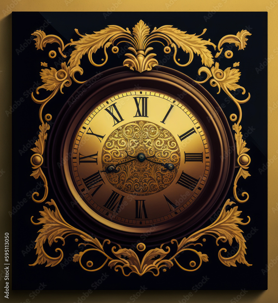 A beautiful antique clock stands against a warm, golden background. Warm tones, such as browns and golds, create a nostalgic and timeless atmosphere. Generative AI A beautiful antique clock stands against a warm, golden background. Warm tones, such as browns and golds, create a nostalgic and timeless atmosphere. Generative AI