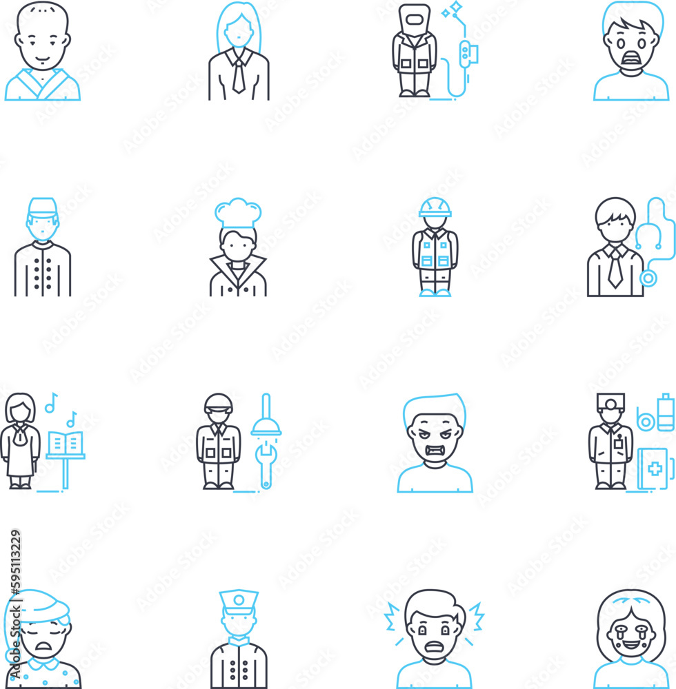 Personal outlook linear icons set. Optimism, Pessimism, Hope, Despair, Resilience, Confidence, Doubt line vector and concept signs. Faith,Skepticism,Open-mindedness outline illustrations