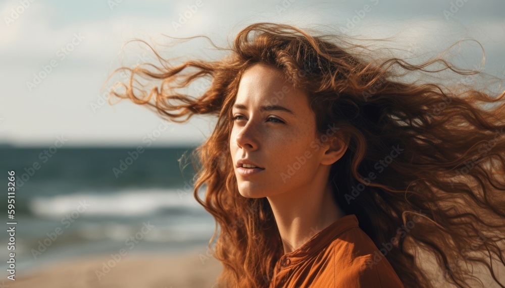 Beautiful woman with fluttering hair on the beach. Generative AI