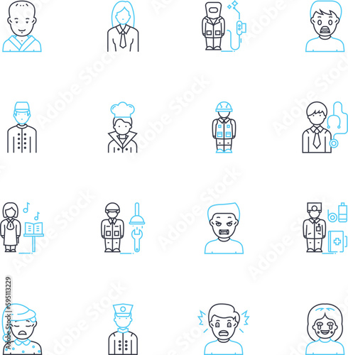Personal outlook linear icons set. Optimism, Pessimism, Hope, Despair, Resilience, Confidence, Doubt line vector and concept signs. Faith,Skepticism,Open-mindedness outline illustrations