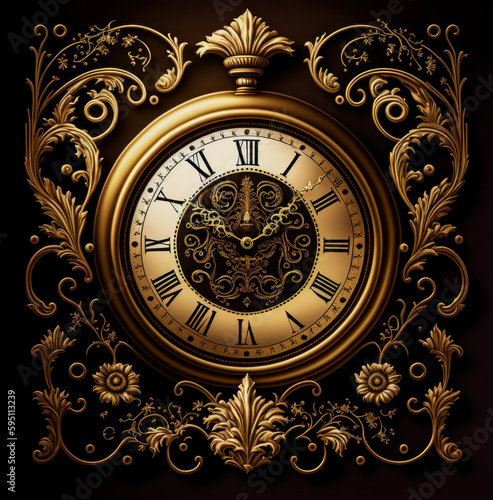 Illustration featuring an antique clock on a warm golden background, with warm colors such as browns and golds and a sense of nostalgia and timelessness. Generative AI