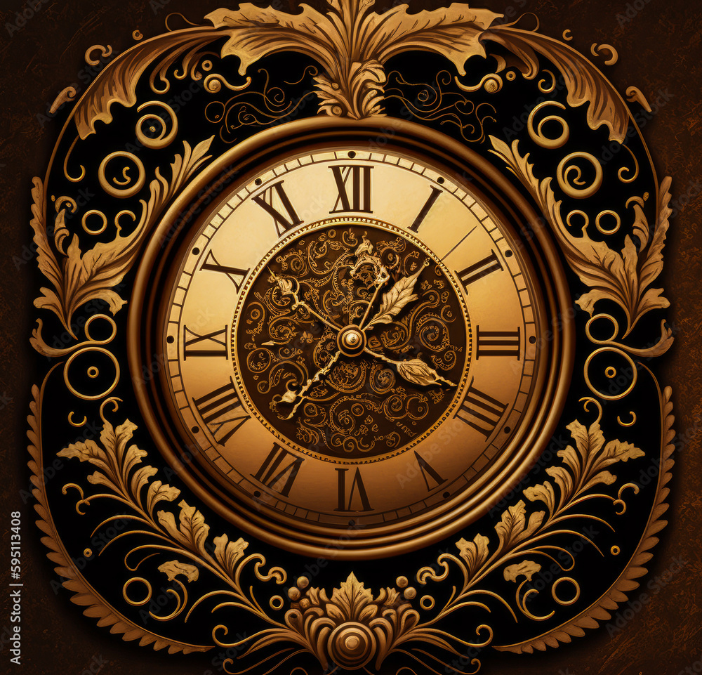 The illustration shows an antique clock made of dark, polished wood, surrounded by warm tones like brown and gold. It suggests a nostalgic and timeless atmosphere. Generative AI