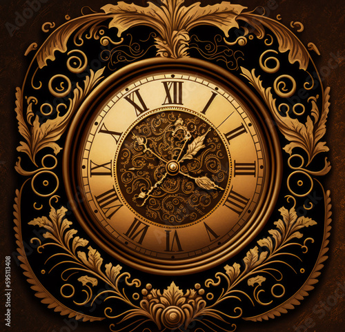 The illustration shows an antique clock made of dark, polished wood, surrounded by warm tones like brown and gold. It suggests a nostalgic and timeless atmosphere. Generative AI © XaMaps