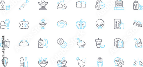 Boulangerie linear icons set. Croissant, Baguette, Patisserie, Tartelette, Pain, Chocolatine, ?clair line vector and concept signs. Cousant,Macaron,Galette outline illustrations photo