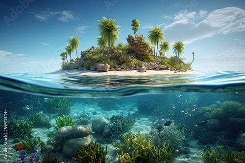 Above the water is a beautiful tropical island with large palm trees, under the water is a hyperdetailed tidepool and coral reef,gnerative ai.