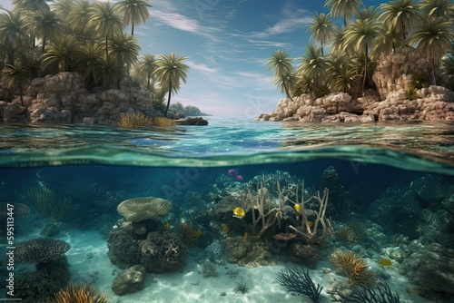 Above the water is a beautiful tropical island with large palm trees, under the water is a hyperdetailed tidepool and coral reef,gnerative ai.