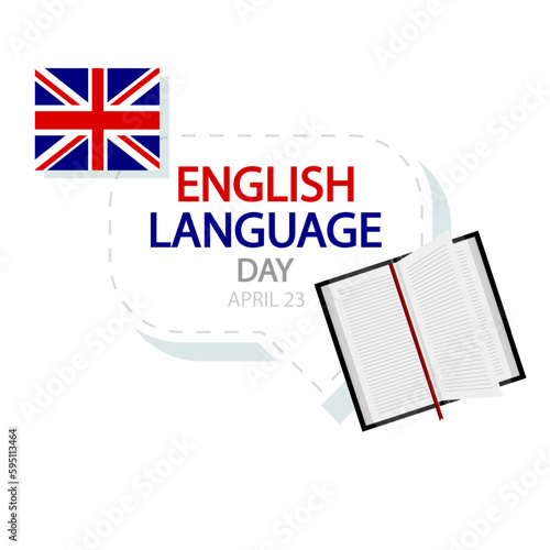 English language day flag and books for study, vector art illustration.