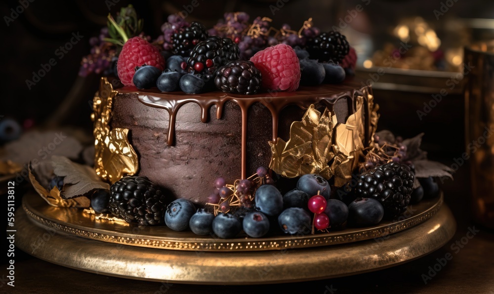 a cake with chocolate frosting and berries on top of it.  generative ai