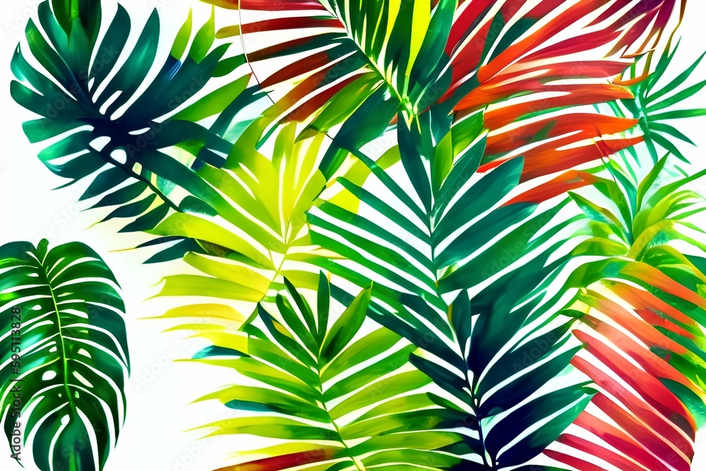 Tropical bright colorful background with exotic painted tropical palm leaves , wallpaper - generative ai
