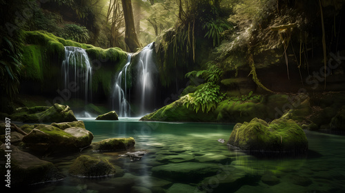 Enchanting image of a secluded waterfall  with the crystal-clear water cascading over moss-covered rocks and creating a magical  serene atmosphere
