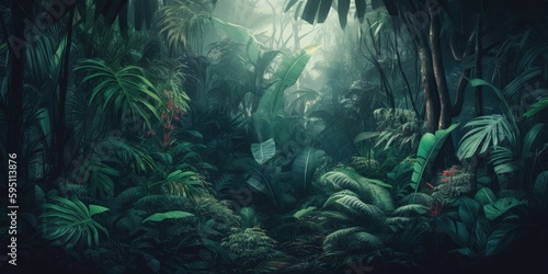 jungle forest nature wallpaper banner background.generative ai. © Nokhoog