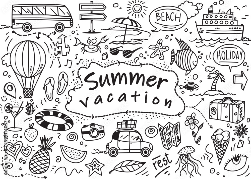 Summer vacation hand drawn doodles, vector icons on white background
